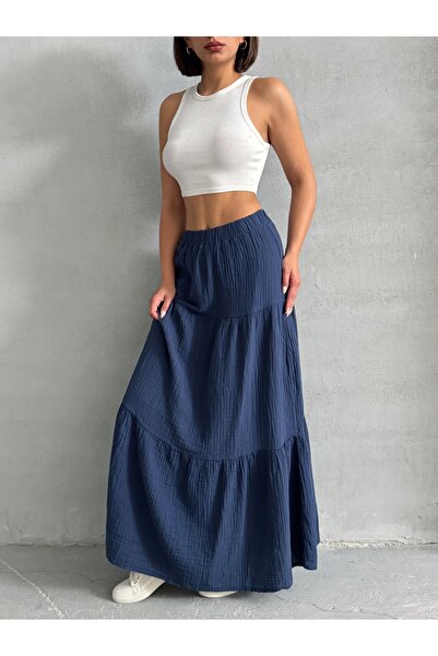 BEJNA Fusta de damă, albastru bleumarin, din bumbac, lungime maxi, din muselină