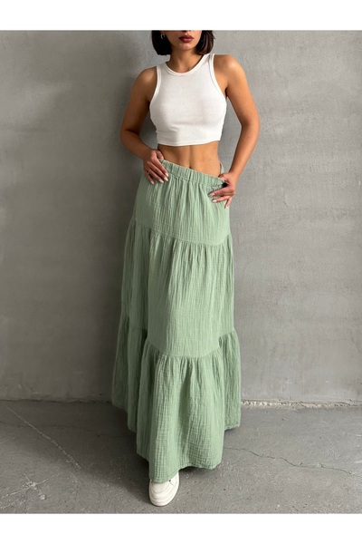 BEJNA Női menta zöld pamut maxi hosszúságú muszlin szoknya
