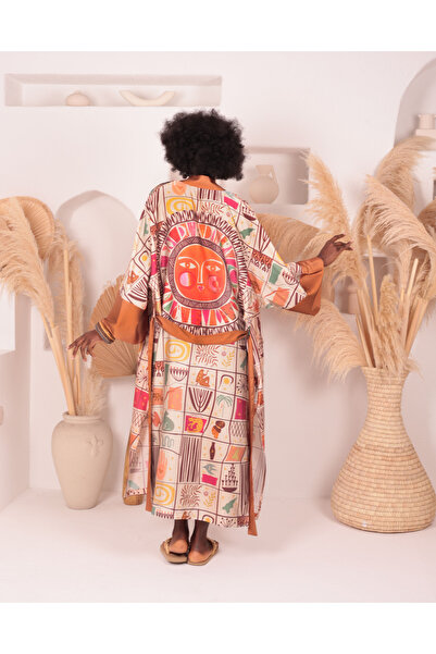Sukkha Nahara Kimono - Güneşli Etnik Desen, Şık Ipek Saten, Düşük Kol, Kuşaklı