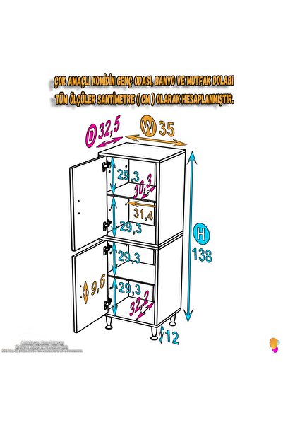 Modilayn İLKİM 35x138x32,5 cm Ekstra Düzen İçin Kullanışlı 4 Kapak 4 Bölmeli Banyo Mutfak Dolabı