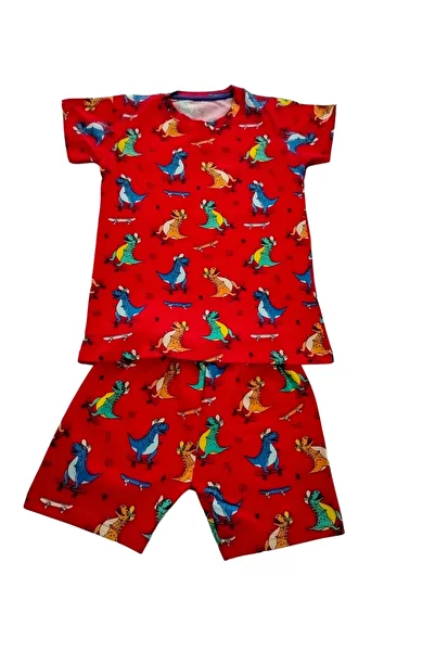 Fidekids Elmas Kids Male Child 100% Cotton Red Dinosaur Patterned Summer Short-Sleeve Shorts Pajamas Set