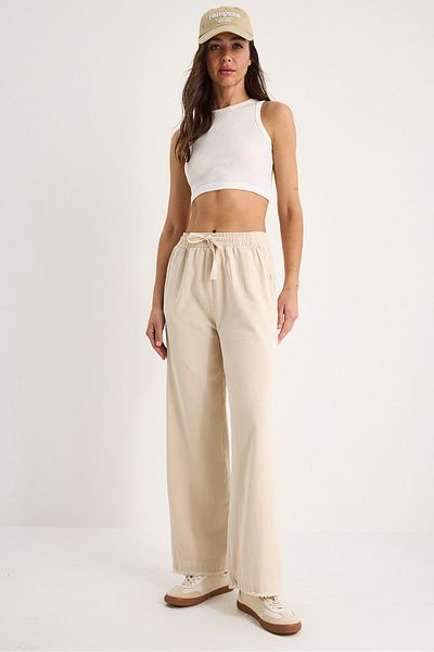 Bianco Lucci Women's Elastic Waist Leg Detailed Palazzo Mold Cotton Gabardine Summer Trousers 60283323