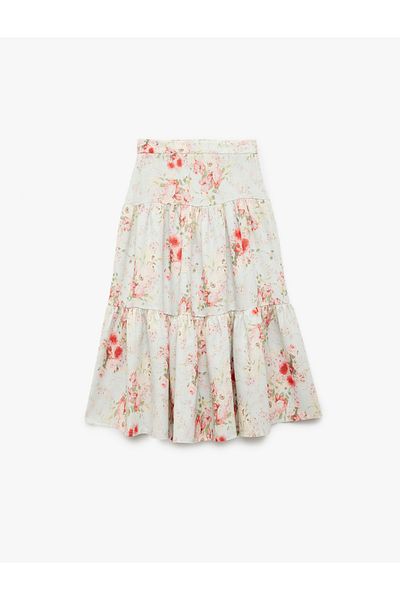 Koton Viscose and Linen Blended High Waisted Floral Midi Skirt
