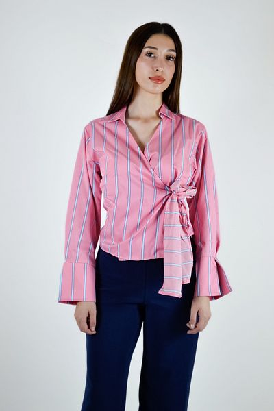 Qu Style Thick Striped Double Breasted Shirt Blouse with Tie Front Detail Pink Blue