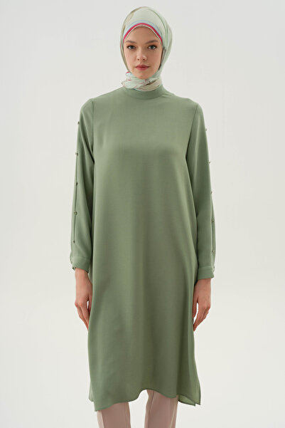 Tuğba Kollar Plikaşe Düğme Detaylı Tunik - Su Yeşili