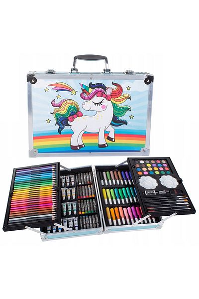 zola Set pictat si desen 145 piese, gentuta tip geamantan, model unicorn curcubeu, albastru, 34x23x9 cm