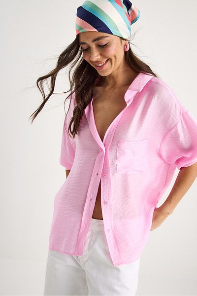 Bianco Lucci Women's Single Pocket Detailed V-Neck Cotton Organza Oversize Shirt 34296-2 60283291