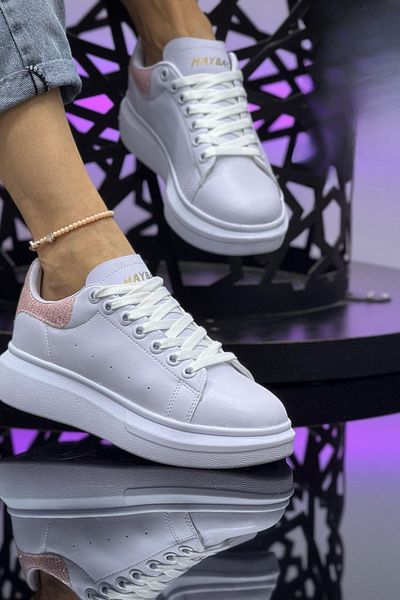 Weynes Pantofi sport casual pentru femei, alb, roz, cu talpă plată, WSB4010