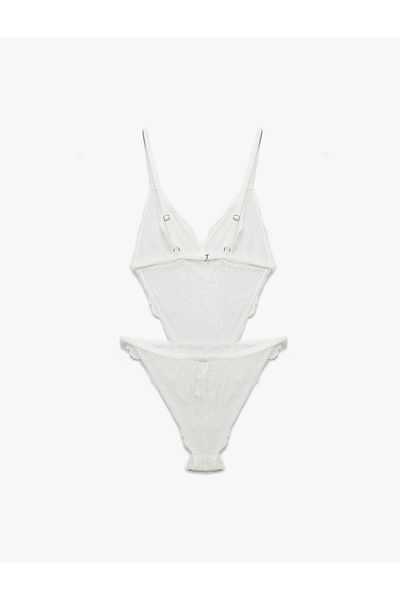 Koton Stoned V-Neck Lace Bodysuit with Window Detail