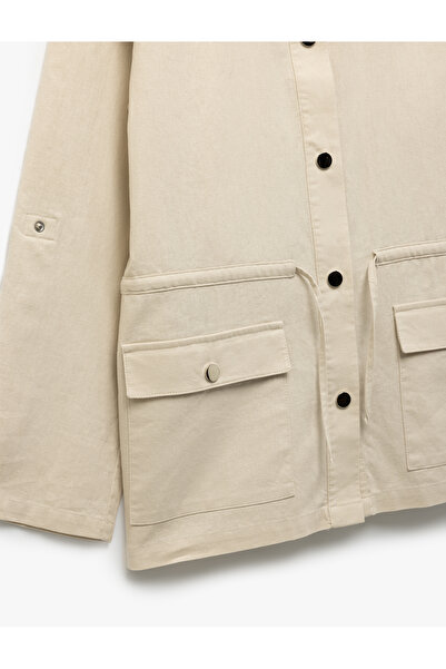 Koton Long Sleeve Flap Pocket Detailed Stand Collar Linen Jacket