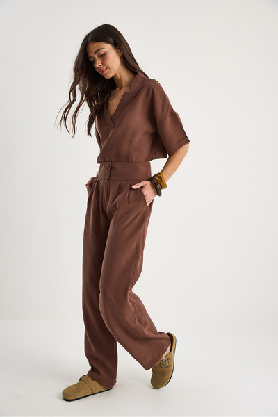 Bianco Lucci Women V-Neck Blouse with High Waist Pants Modal Bottom-Top Suit 9330 60281052