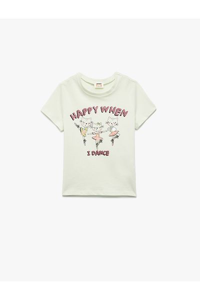 Koton Short Sleeve Crew Neck Cat Printed Cotton T-Shirt