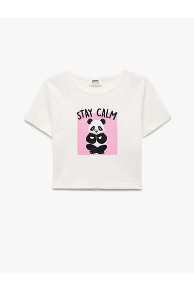 Koton Cotton Panda Printed Crew Neck Short Sleeve Crop T-Shirt