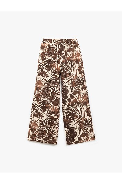 Koton Viscose and Linen Blended Leaf Patterned Wide Leg Pants