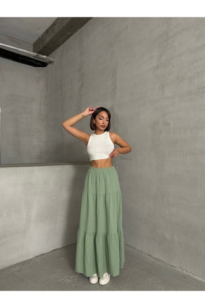 BEJNA Női menta zöld pamut maxi hosszúságú muszlin szoknya