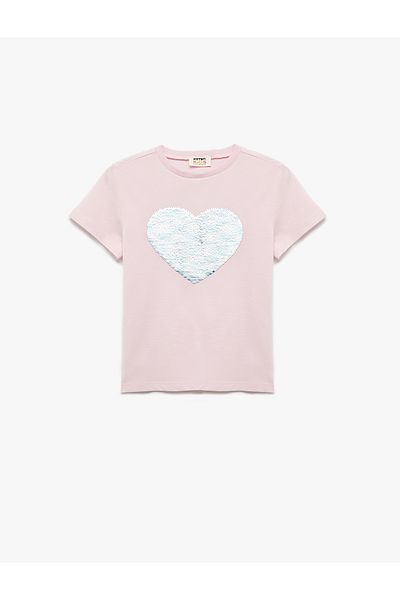 Koton Cotton Heart Pattern Sequin Sequined Short Sleeve Crew Neck T-Shirt