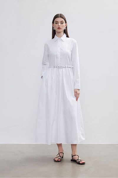 BE BLUE White Belted Gathered Dress