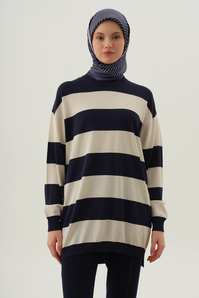 Tuğba Kalın Çizgili Triko Tunik - Ekru