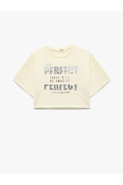 Koton Cotton Short Sleeve Crew Neck Printed Crop T-Shirt