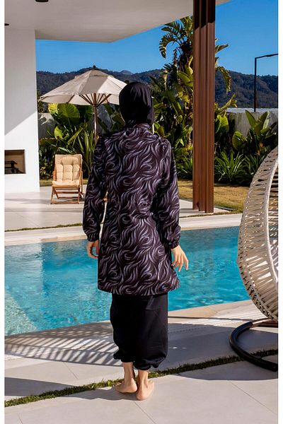 Mayom Quick Dry Parachute Fabric Patterned Hijab Swimsuit -2538