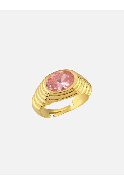 LİNYA JEWELLERY Lyra Oval Kristal Taşlı Şövalye Serçe Parmak Yüzük Pembe