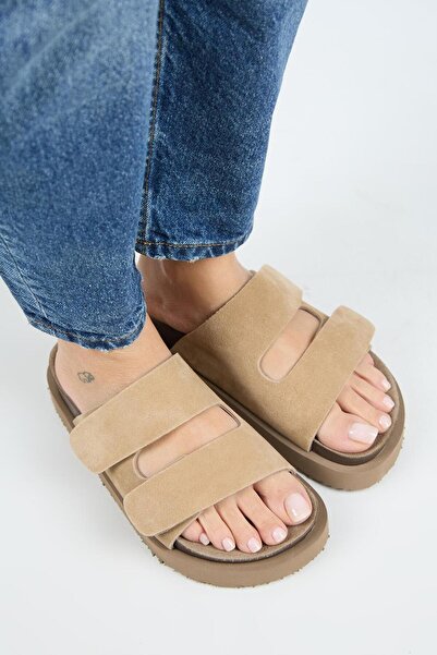 Manijero Roble Γυναικείες Παντόφλες από Γνήσιο Δέρμα Velcro Sand