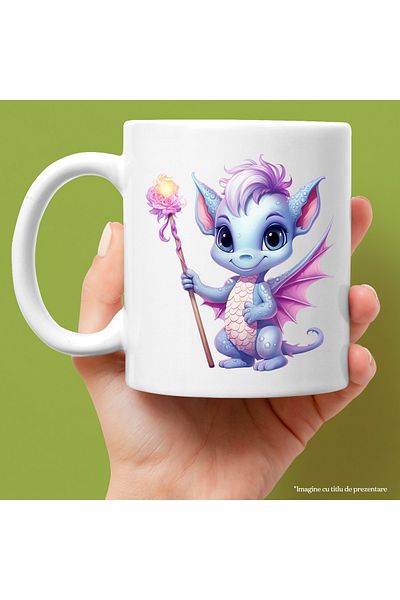 StoryGift Romania Cana cu un pui de dragon care tine un toiag in mana | magie | floare | vraja | v, Cu Maner Alb