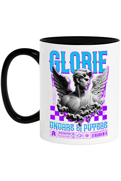 StoryGift Romania Cana cu Bust Statuie Barbat Cu Aripi Text Glorie Onoare Si Putere, Ceramica, 330, Cu Maner Negru