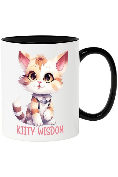 StoryGift Romania Cana cu pisicuta vesela cu mesajul "Kitty wisdom", ilustratie, intelepciune, int, Cu Maner Negru