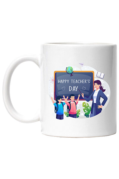 StoryGift Romania Cana Cu Mesaj In Engleza Happy Teacher's Day, Tabla, Ziua Profesorului, Copii, G, Cu Maner Alb
