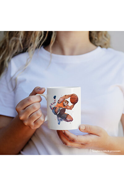 StoryGift Romania Cana cu un tigru care joaca baschet | ilustratie | sport | pasiune | meci | tale, Cu Maner Alb