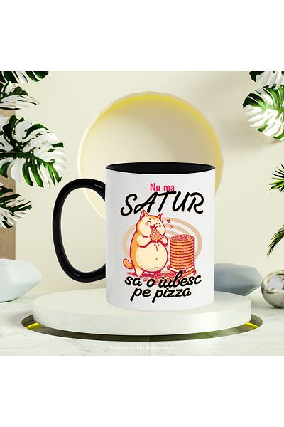 StoryGift Romania Fluffy pizza-loving cat mug _I can't get enough_, 330ml, Ceramic with N Handle, With ,STG