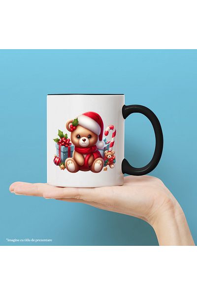StoryGift Romania Mug with a teddy bear | illustration | cheerfulness | Christmas hat | scarf |, With Black Handle