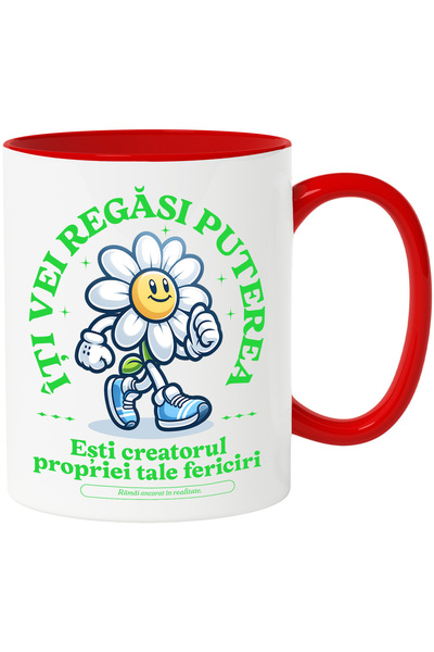 StoryGift Romania Cana Floare - Iti vei Regasi Puterea, 330ml, Ceramic cu Maner Rosu, Cu Maner Rosu