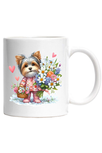 StoryGift Romania Cana cu un catel blanos care tine un buchet cu flori | ilus...