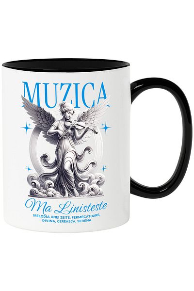 StoryGift Romania Cana cu Statuie Inger Femeie Stil Grecesc Cu Vioara Muzica Hobby Text Ma Liniste, Cu Maner Negru