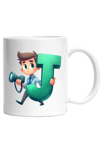 StoryGift Romania Mug with a photographer holding the letter "J" | illustrati...