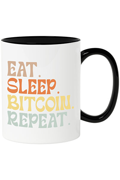 StoryGift Romania Cana cu textul "Eat. Sleep. Bitcoin. Repeat." - mananca dor...
