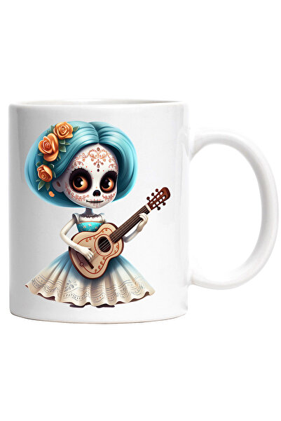 StoryGift Romania Cana cu o fata draguta care canta la chitara | Mexic | ilustratie | flori | roch, Cu Maner Alb