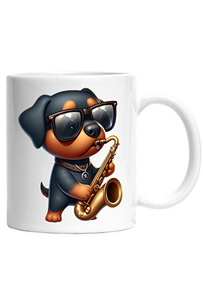 StoryGift Romania Cana cu un catel Rottweiler care canta la saxofon | ilustra...