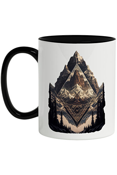 StoryGift Romania Cana Cu Munte, Abstract, Brazi, Altar, Viking, Fantasy, Multicolor 330 ml, Ceram, Cu Maner Negru