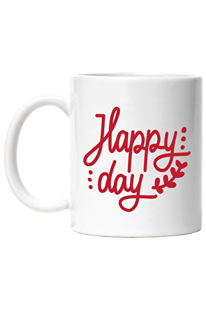 StoryGift Romania Cana cu o urare in engleza "Happy day" - zi fericita cu Maner Alb, Cu Maner Alb