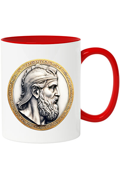 StoryGift Romania Cana cu o moneda veche | ilustratie | personalitate din Grecia | aurie pe margin, Cu Maner Rosu