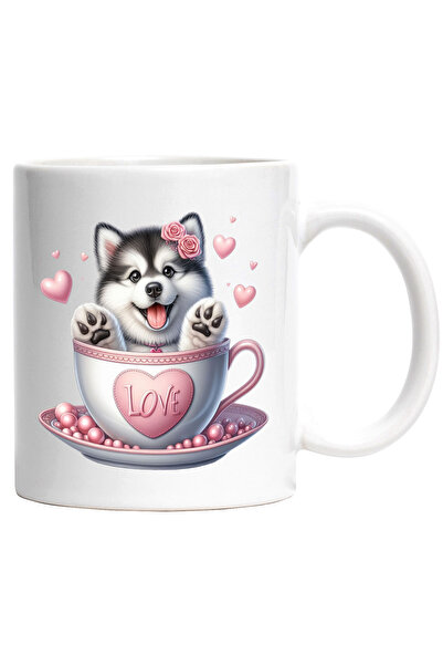 StoryGift Romania Cana cu un catel Malamut de Alaska | sta intr-o ceasca | flori | Valentine's Day, Cu Maner Alb