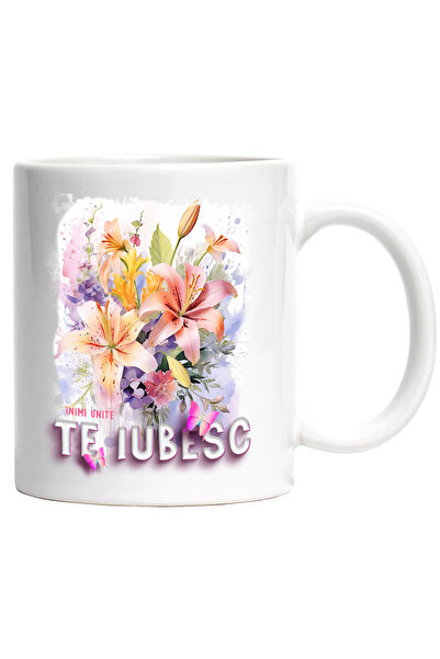 StoryGift Romania Cana Cu Mesaj Inimi Unite Te Iubesc, Fluturi, Flori, Buchet...