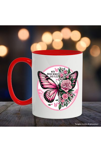 StoryGift Romania Butterfly and pink rose mug with the message "With Brave Wings She Flies", il, Cu,STG.