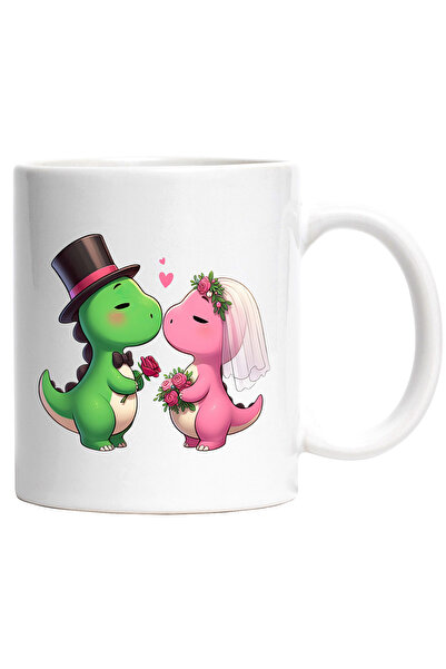 StoryGift Romania Cana cu 2 dinozauri la nunta | roz | verde | inimioare | bu...