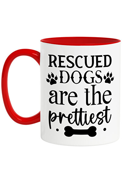 StoryGift Romania Cana cu os si mesajul "Rescued dogs are the prettiest" - cainii salvati sunt cei, Cu Maner Rosu