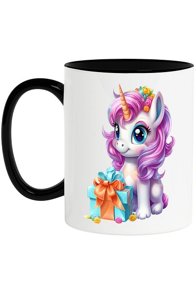 StoryGift Romania Cana cu un unicorn bucuros | ilustratie | cadou | floricele | de ziua lui | zi d, Cu Maner Negru