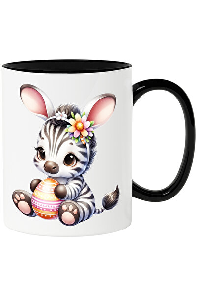 StoryGift Romania Cana cu un pui de zebra care are un ou vopsit | ilustratie | flori | urechi de i, Cu Maner Negru